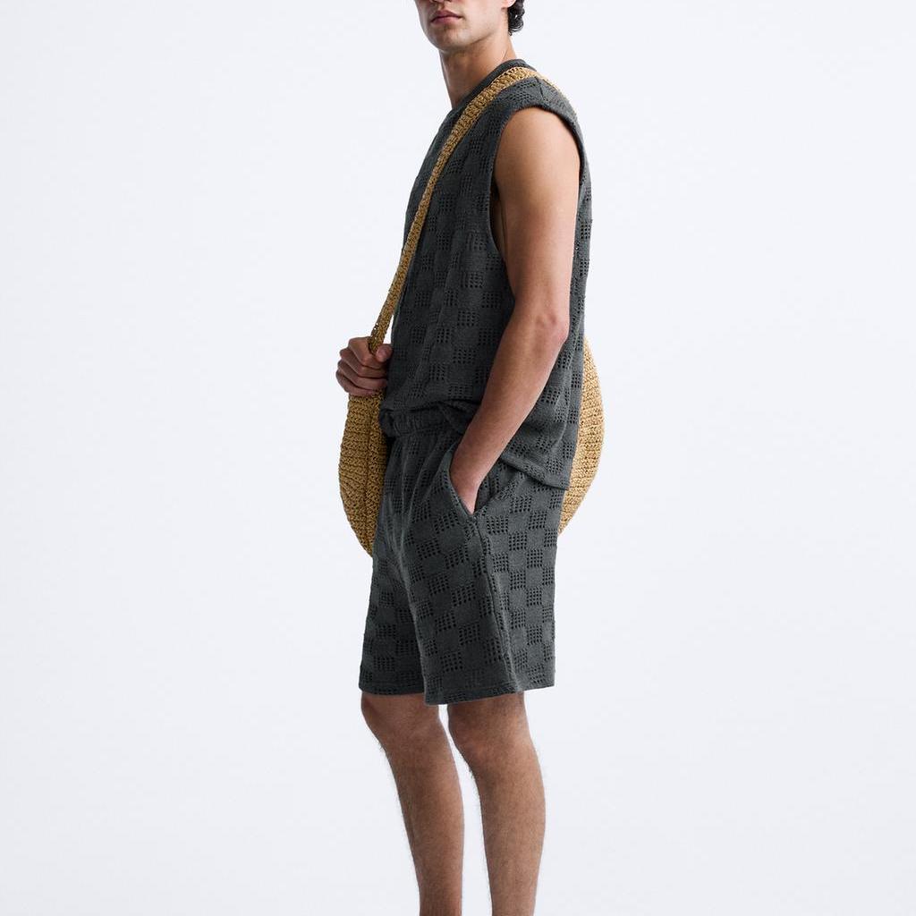 Zara Loose Jacquard American Round Neck Sleeveless T-Shirt Men Tops Gray 3992318-802