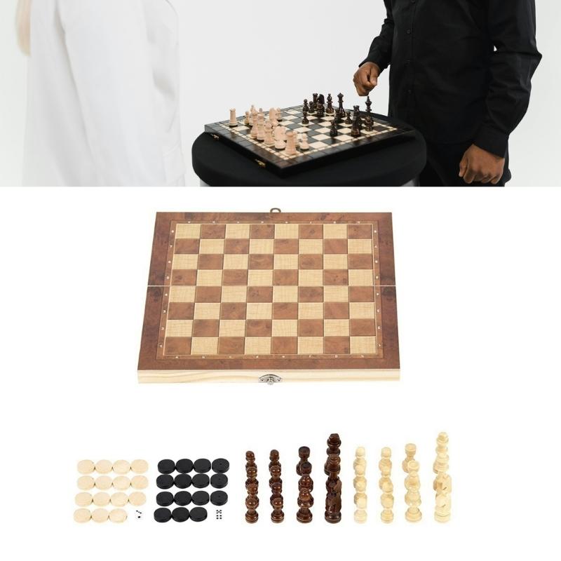 Wood Chess Set Folding Chess Board Game Portable Party Travel Chess Checkers Educational Toy Beginner Chesses Set