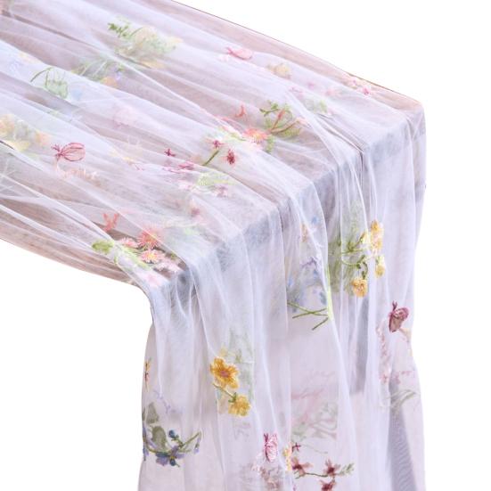 Bestickter Blumiger Tischläufer Transparenter Tüll Tischläufer Schmetterlingsblumen Tischläufer für Esstisch Hochzeit Babyparty Frühlingsfest
