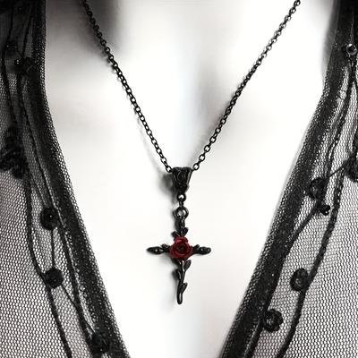 Schwarze Rose Kreuz Anhänger Gothic Einfache schlanke Halskette Festival Party Dress Up Halskette Damenschmuck