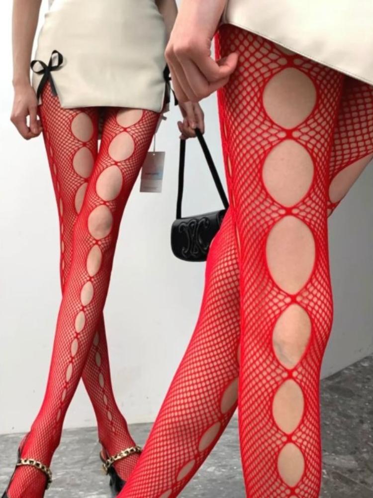 

Spicy Girls Irregular Rips Solid Color Nylon Fishnet Tights Ins Style Thin Slimming Sexy Mesh Hollow Out Red Pantyhose For Women One Size