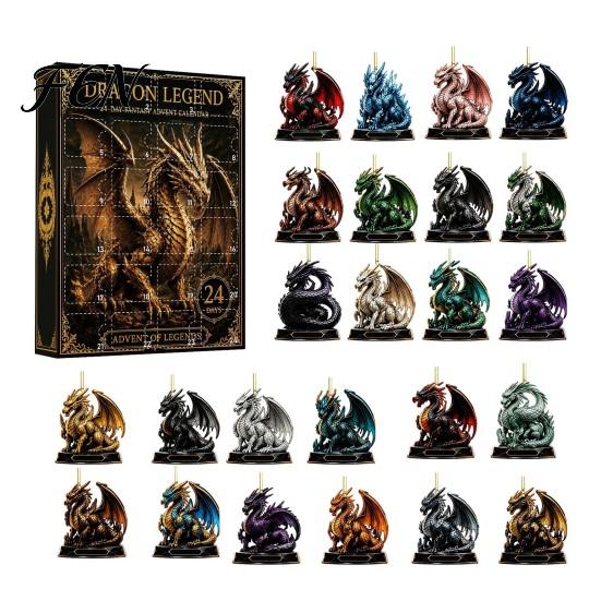Drachen-Themen-Sammlerstücke Weihnachts-Adventskalender 2026, 2D Flache Acryl-Ornamente, Saisonale Festliche Dekoration 24 Tage Countdown Geschenkbox für B