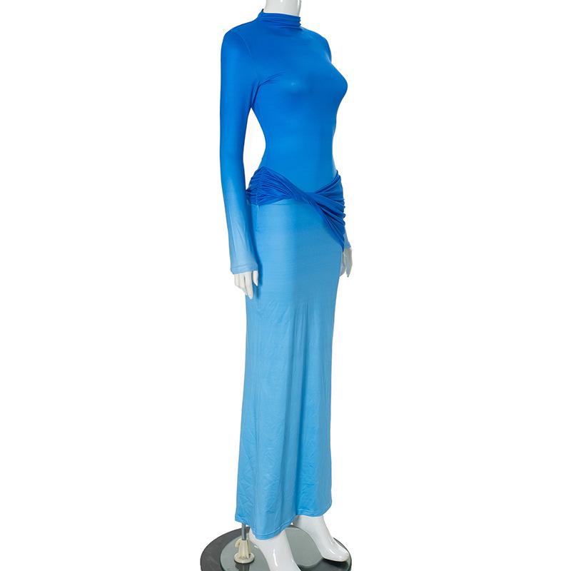 Women's Fall Temperament Long Sleeve Twisted Shrink Pleated Gradient Slim High Waist Long Dress