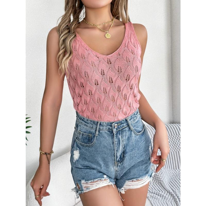 Women Leaf Pattern Hollow Out Knit Sleeveless Crop Top