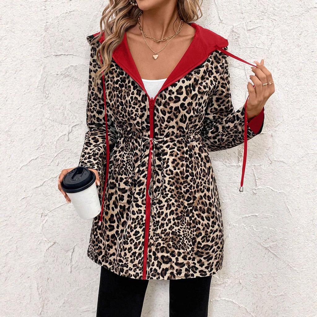 European and American Women's Clothing Two-sided Clothing Leopard Print Hooded Zipper Jacket Casual Long Jacket Belt Long Sleeve