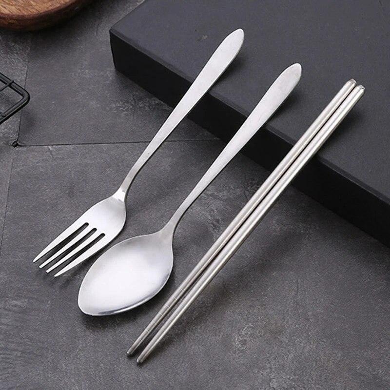 3PCS Cutlery Set Place Setting Dinnerware Tableware Stainless Steel Spoon Fork Chopsticks Kit with Case