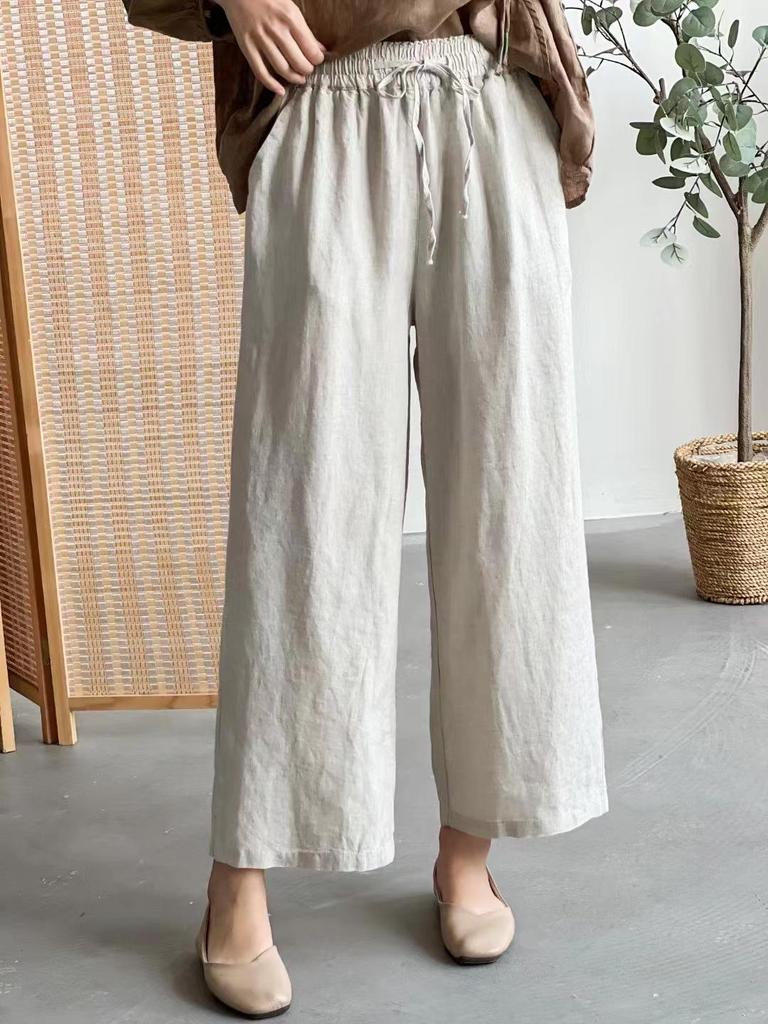 2024 Spring Linen Wide-Leg Pants: Versatile Solid Color with Elastic Waist & Drawstring for Women