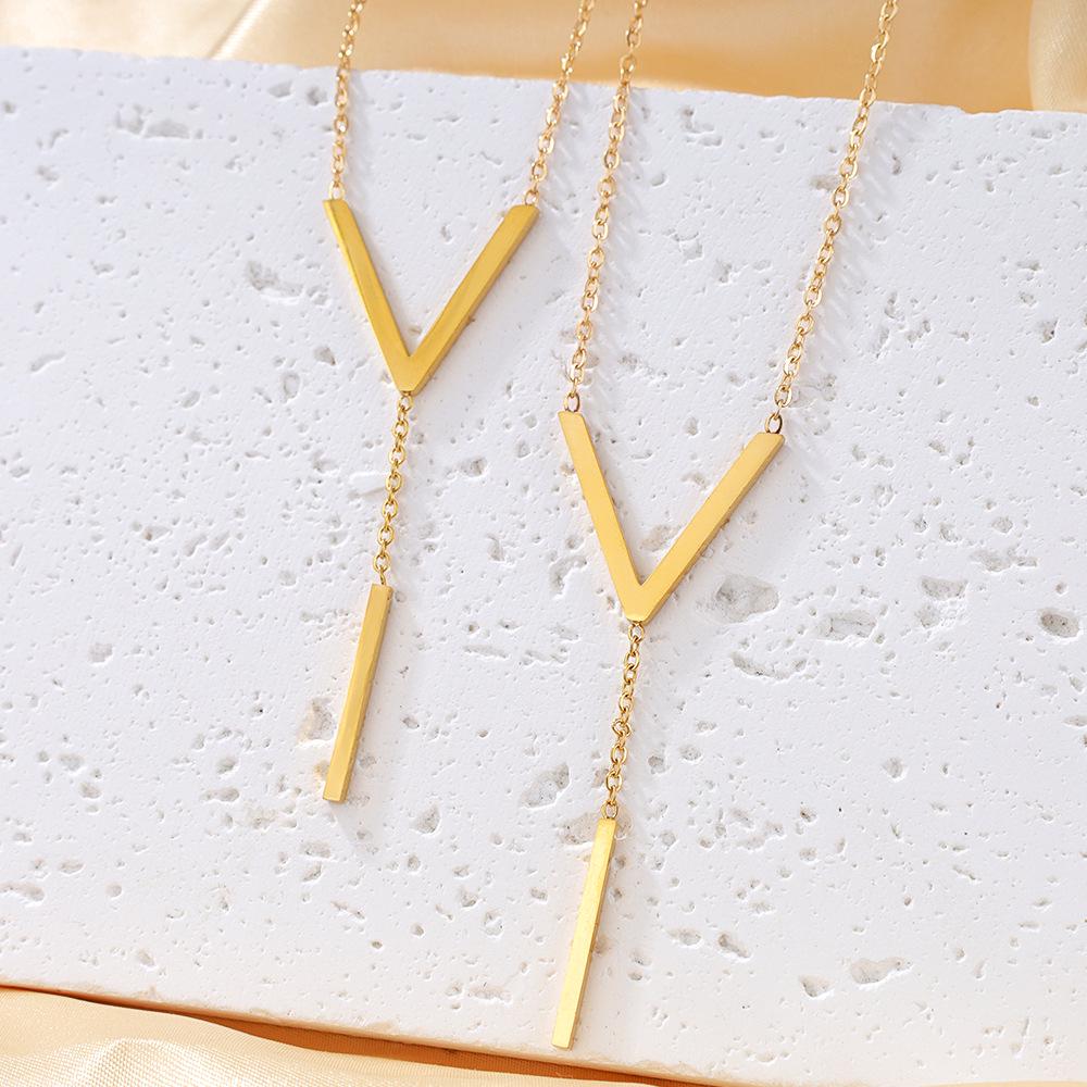 Women's Simple English Letter V Titanium Steel Tassel Clavicle Necklace - Non-fading Accessory