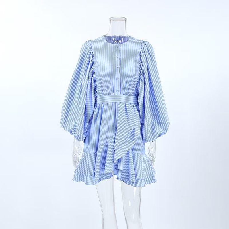 

New French style Autumn Design round Neck Temperament Stripe Dress round Neck Striped Dress Stripes L