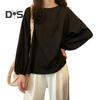 Women T-shirt Round Neck Lantern Long Sleeve Elastic Cuffs Tee Shirt Solid Color Loose Fit Pullover Tops Daily Wear