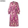 VONDA Oversized Women Casual V Neck Long Sleeve Floral Print Belt Smooth Loose Dress