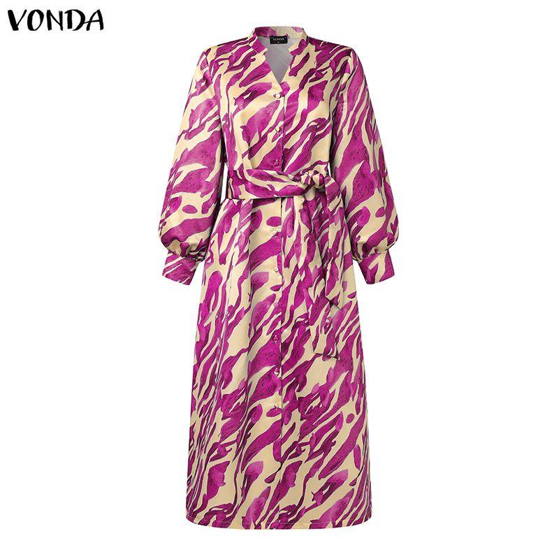VONDA Oversized Women Casual V Neck Long Sleeve Floral Print Belt Smooth Loose Dress