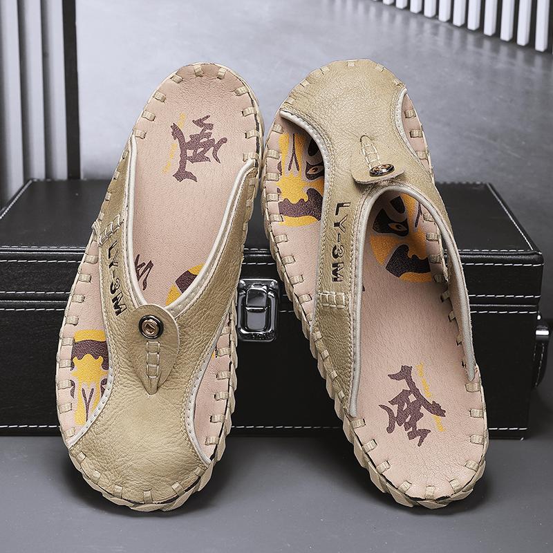 Men Foreskin Herringbone Slippers PU Hand Sewn Flat Bottomed Anti-collision Toe Comfortable Outdoor Beach Sandals