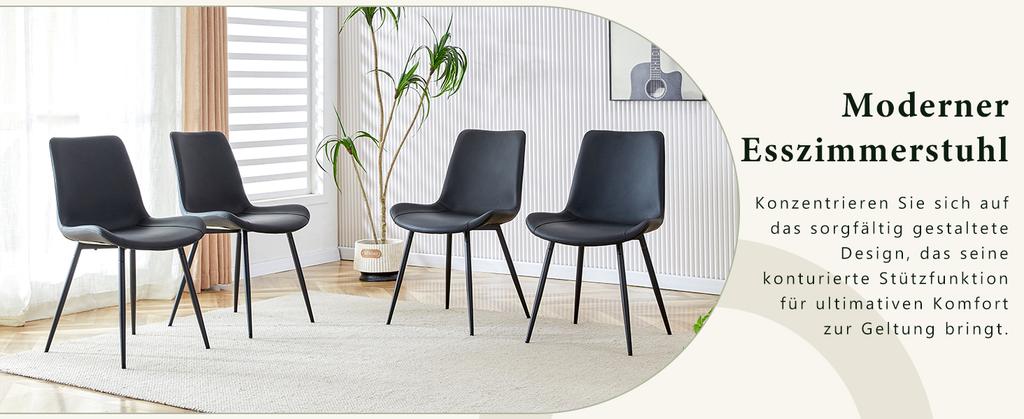 4-Piece Set Modern Dining Chairs in Black with PU Cover and Metal Frame - Wide Seats with Backrest, for Dining Room, Home Office and Living Areas