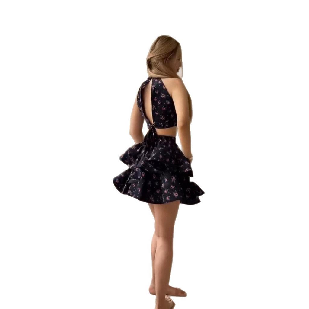 European and women's clothing new floral neck backless short top high waist ruffle edge short skirt set