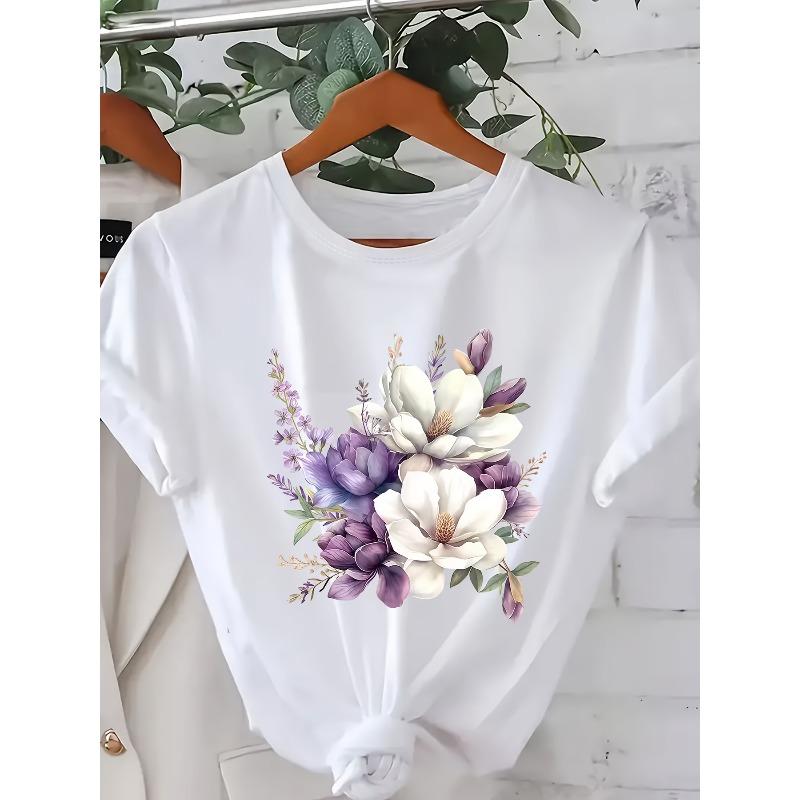 

Европейский размер Плюс размер Женская футболка с коротким рукавом - Милый цветочный принт, Повседневный топ с круглым вырезом, Мягкая дышащая ткань, Женская одежда Весна Лето S