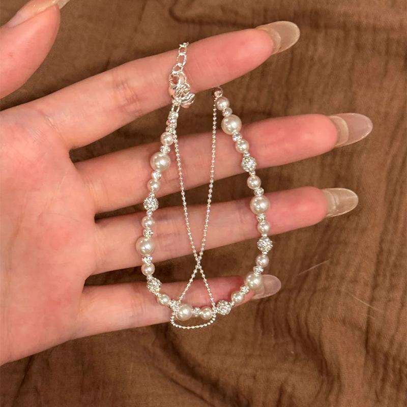 

New in double-layer round bead chain retro pearl bracelet light luxury and high-end inlay diamonds bracelets banquet jewelry серебряный
