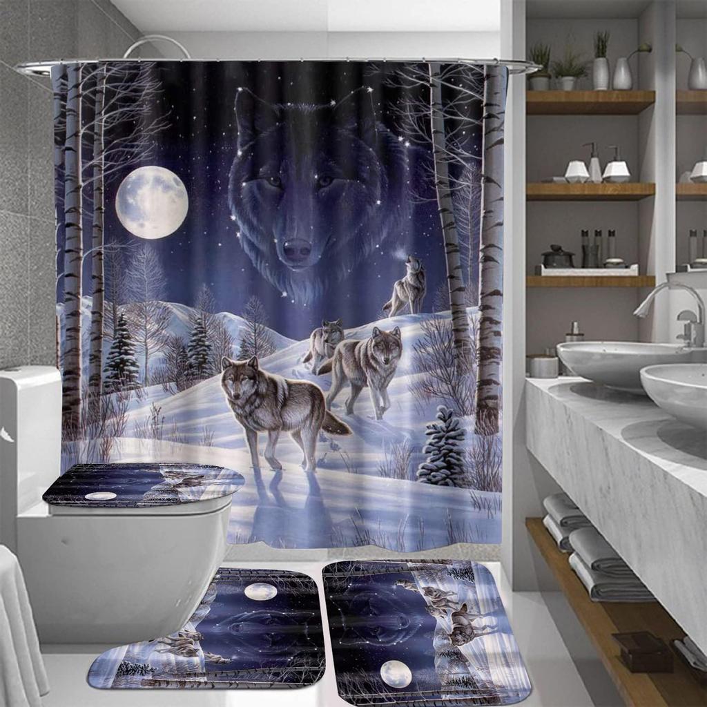 Mysterious Wolf Moon Shower Curtain Sets Rugs Toilet Lid Cover Bath Mat Waterproof Wild Animal Bathroom Shower Curtain Set Decor
