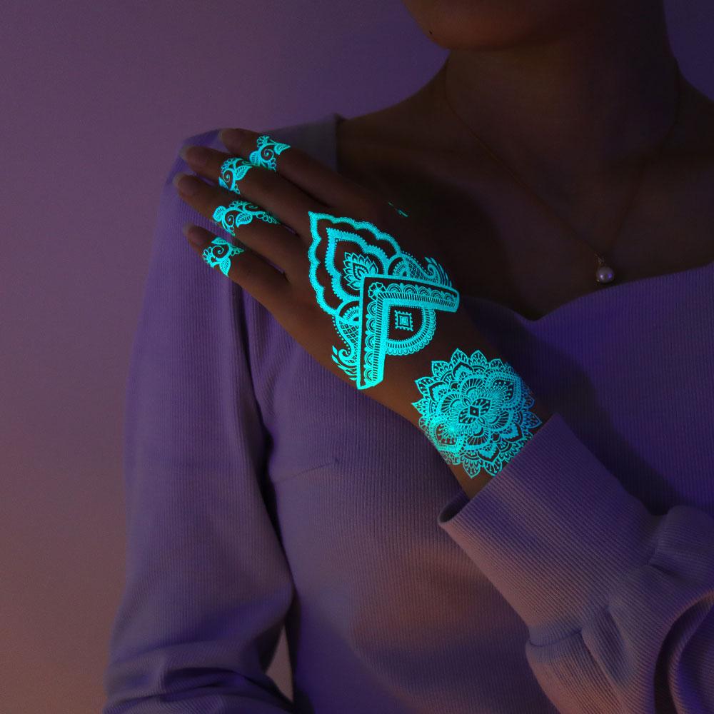 1 Sheet White Henna Tattoo Luminous Blue Hand Temp Tattoo