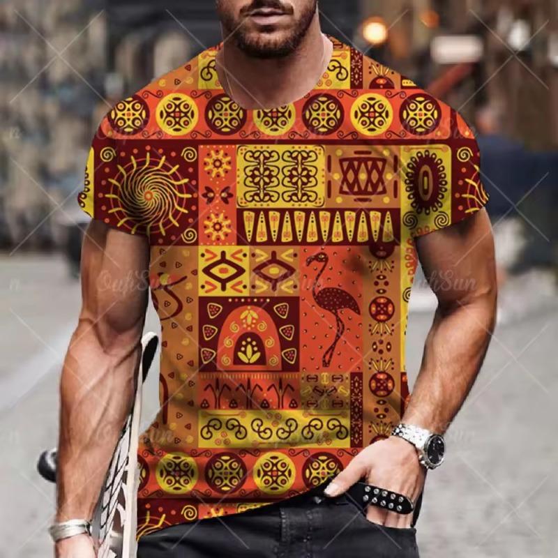 Men's T-shirt Ethnic Print 3D Casual Short Sleeve Summer Round Neck Streetwear Vintage Man Loose Sweatshirt Breathable Men Clothes
