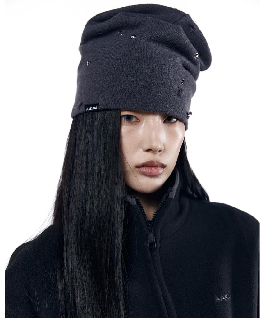 AAKAM Rhinestone Damaged Long Beanie (Gray)