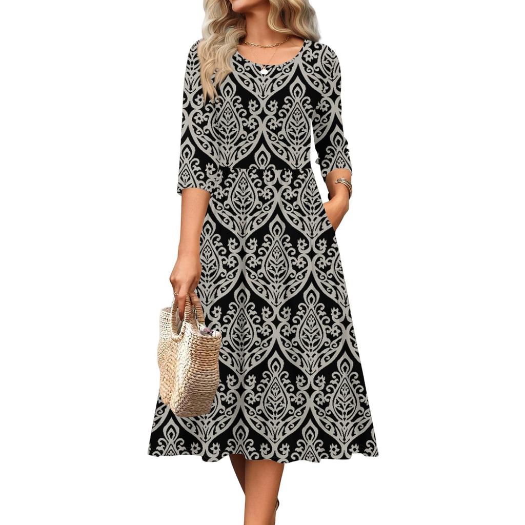 Rochie de damă cu mâneci 3/4, casual, fluidă, în A, midi, tip tricou, cu buzunare, cu gât rotund, pentru vacanță, boho, de plajă, de vară