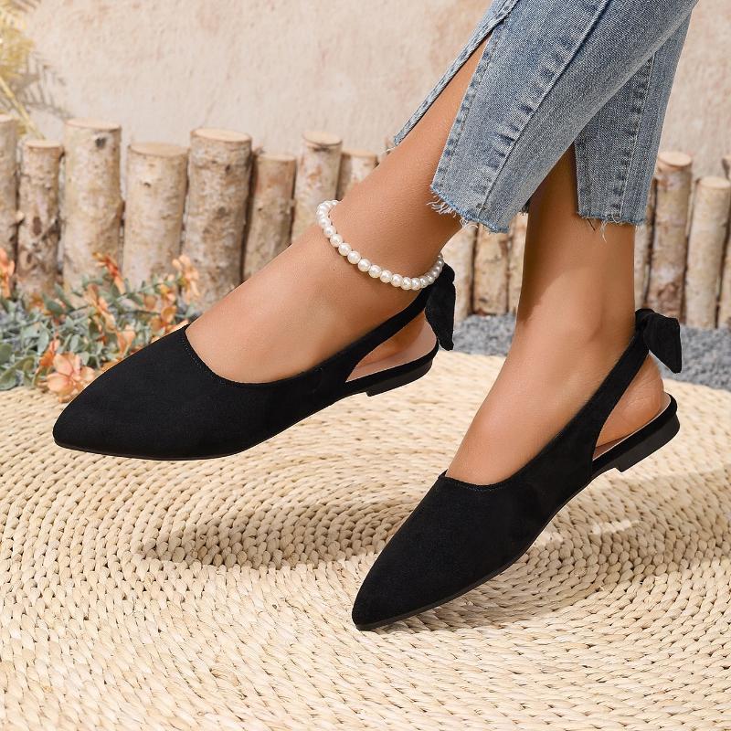 

Мода 2025 Лето Туфли-лодочки с острым носком Женские Баотоу Мелкие Замшевые Задний бант Ремешок-слинг Мягкая подошва Нескользящие Сандалии больших размеров 38 чёрный