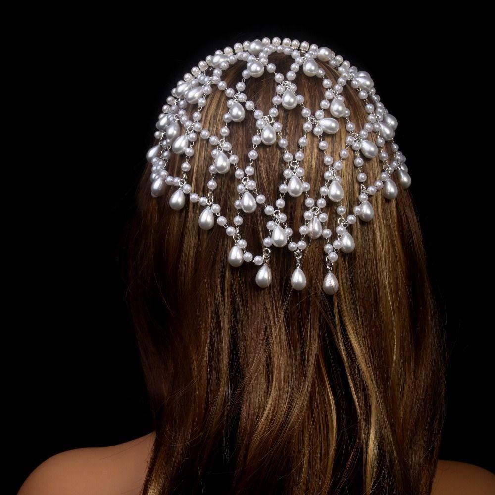 Bar Mitzvah Crown Grid  Hair Band Rhinestone Bride Tiaras Pearl Princess Hair Band  Wedding