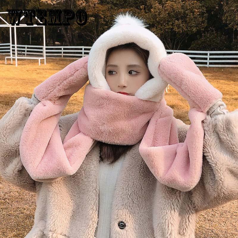 

Милая плюшевая шапка, женская осенне-зимняя корейская версия The Tide Wild Winter, защита ушей, теплый шарф, один шарф