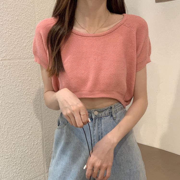 Lockeres Rundhals Kurzteil Nabel Strickshirt Damen Sommer Slim Dünnes Teil Kurzarm T-Shirt Tops Lässig Essentiell Slim Fit Pullover T-Shirts