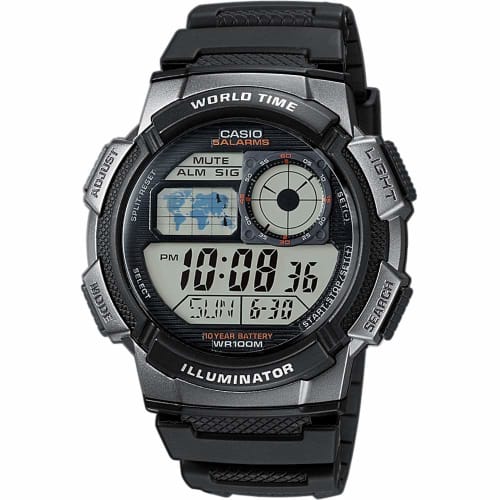 Casio AE-1000W-1BV World Time Digital Men's Watch, Black/Gray Metallic, Overseas Model