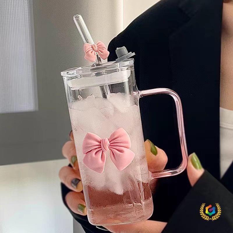 2024 Stylish Heat-Resistant Girls' Glass Water Cup with Straw & Handle for Office Tea Brewing