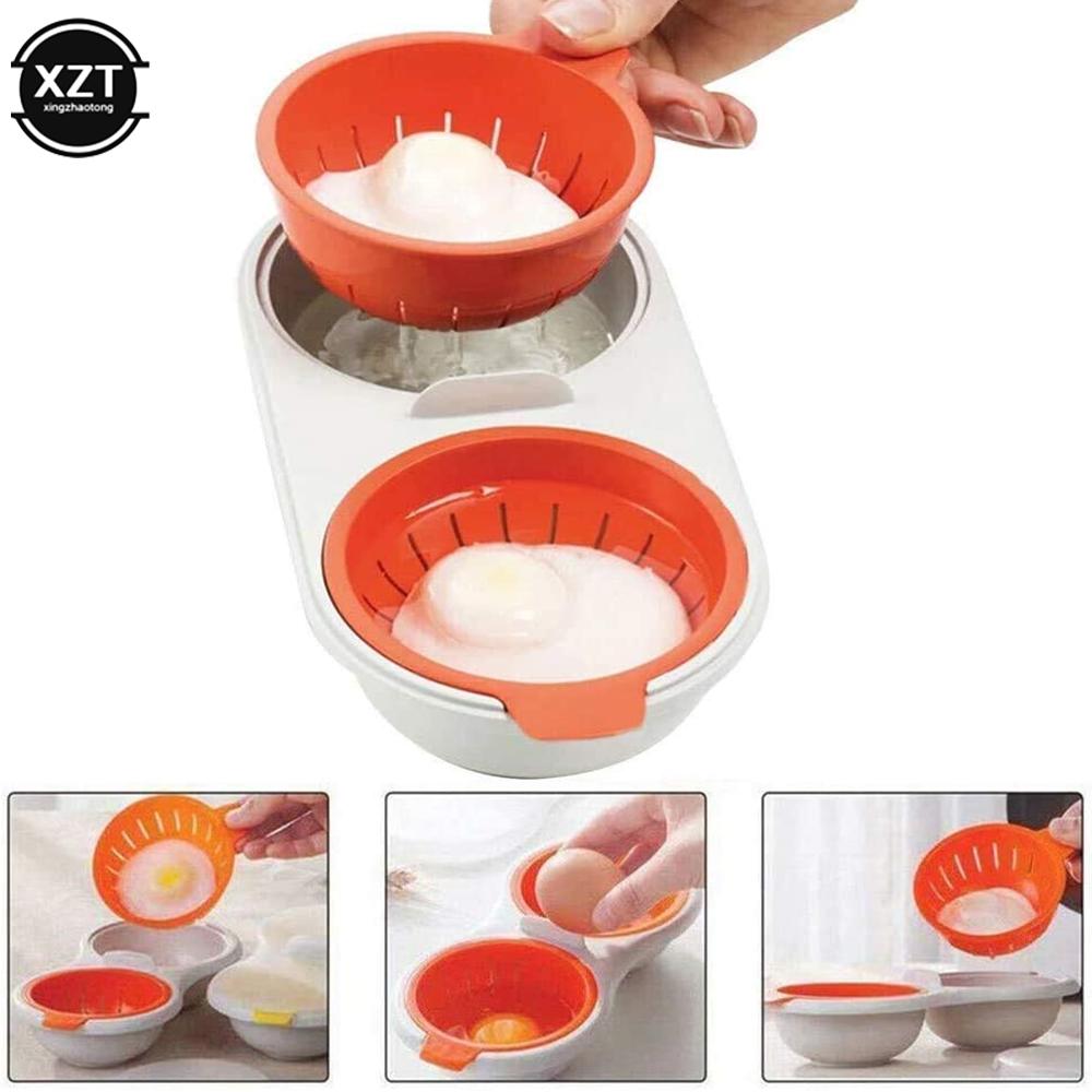 Microwave Eggs Poacher Round Draining Double Cup Egg Boiler Food Grade Kitchen Tableware Steam Egg Bowl Egg Cooker Cooking Tools