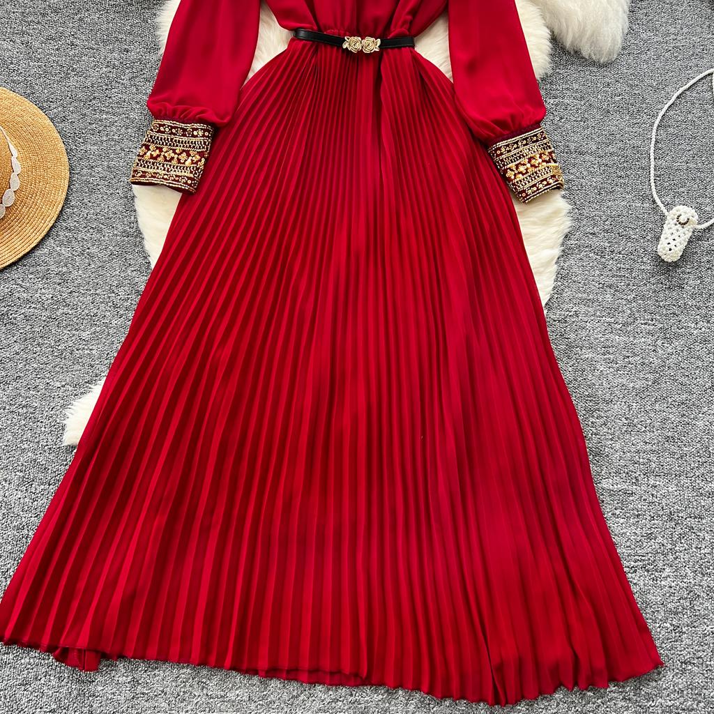 Temperament Robe Femme Maxi Dresses for Women Long Sleeve O-neck Sequin Slim Waist Vintage Pleated Dress 2025 Vestidos De Mujer