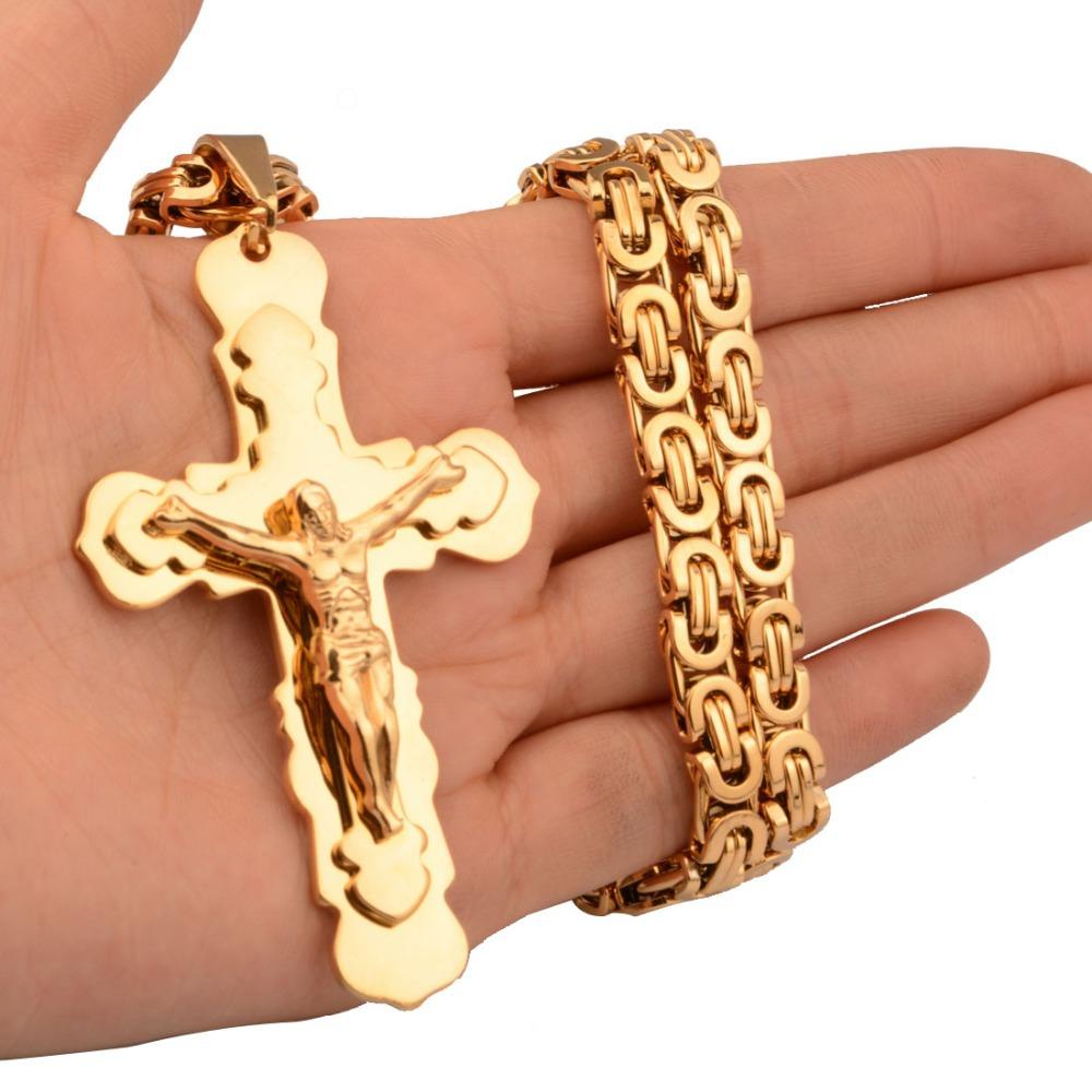 Big Cross Necklace Gold Color Stainless Steel Trendy Pendant & Chain Christmas Gift for Men/Women Holy Bible Jewelry