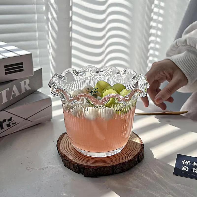 Vertical Lace Transparent Glass Bowl - Decorative Dessert Salad Breakfast Bowl for Syrup Oatmeal - Elegant Dim Sum Serving Dish