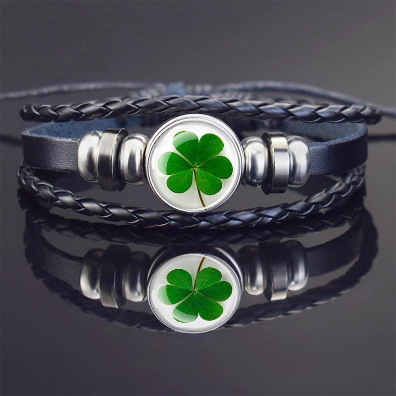 

Four-leaf Clover PU Leather Bracelets Glass Dome Multilayer Weave Charm Bracelet For Men Women Adjustable Bangle Lucky Jewelry St Patrick s Day Gifts Style 3
