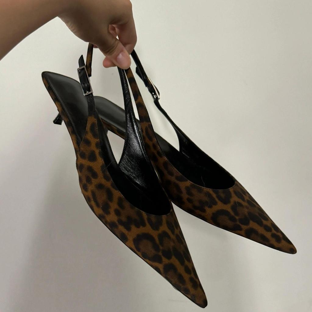 Sheepskin Version~ French Leather Cat Heel High Heels Women's New Pointed Leopard Print Shoes High Heel Sandals Muller Cool Slippers