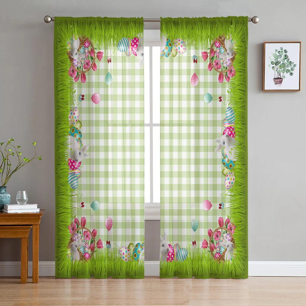 Light Filtering Easter Retro Farm Style Bunny Curtains Bedroom Living Room Festival Decor Cute Rabbit Kitchen Window Tulle Curtain Polyester Washable