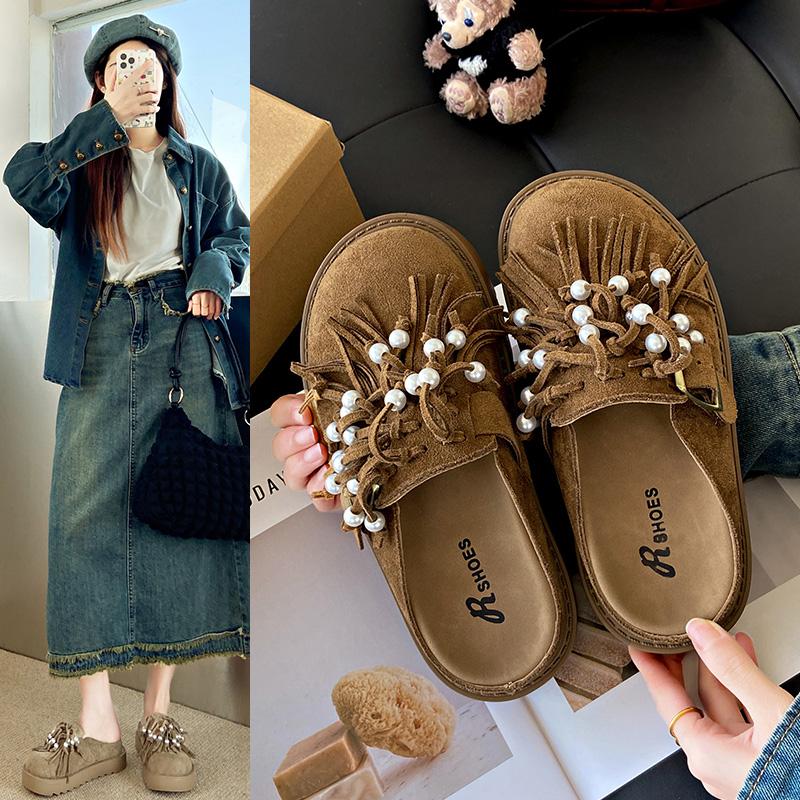 

Fashion Retro velvet increased female 2025 new spring season tassels pearl all-match Baotou drag lazy kick pedal 35