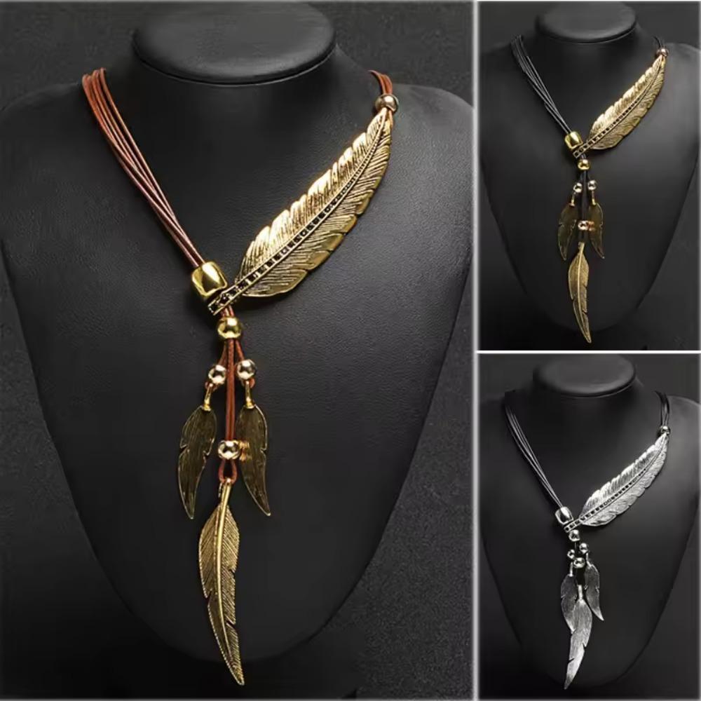 Bohemian Style Rope Chain Leaf Feather Pattern Pendant For Women Fine Jewelry Collares Statement Necklace