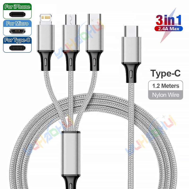 2.4A Max 3 w 1 kabel USB szybkie ładowanie kabel błyskawicy do iPhone'a typu C kabel do ładowania telefonu komórkowego do Xiaomi Samsung USB Micro