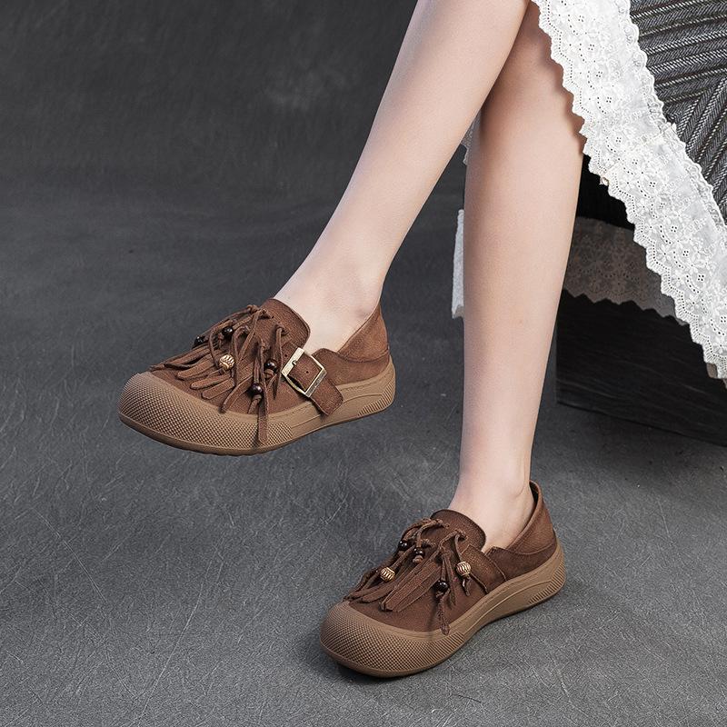 Fashion Spring Autumn genuine leather flat shoes for women with soft soles tassel retro women's shoes with top layer cowhide casual shoe
