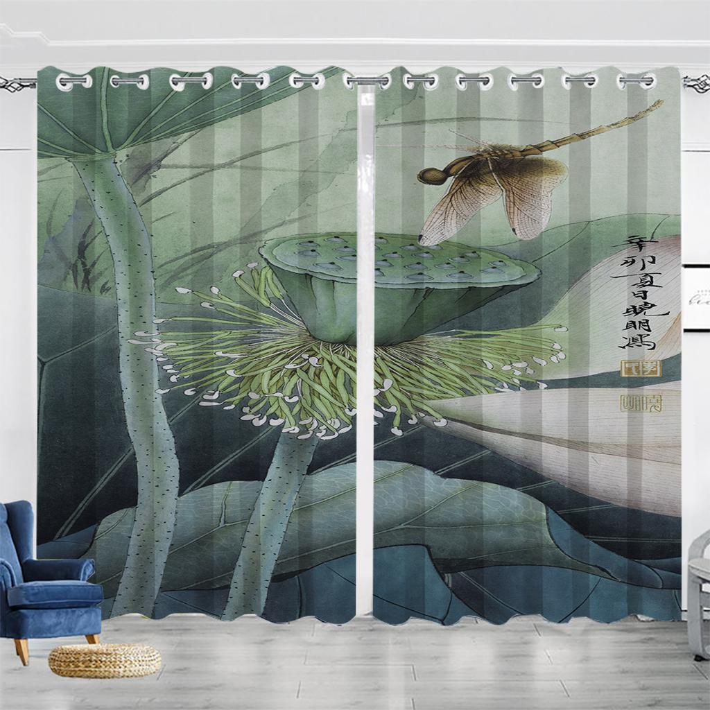 Staw Lotosowy Styl Chiński Salon Zasłony Zaciemniające Sypialnia Dekoracja Domu Zasłony Cienkie z Nadrukiem Cyfrowym Lotosu w Atramencie