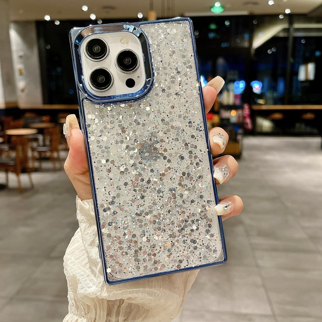 Electroplated square Epoxy sequin glitter iPhone16Promax mobile phone case for Apple 14Pro protective case