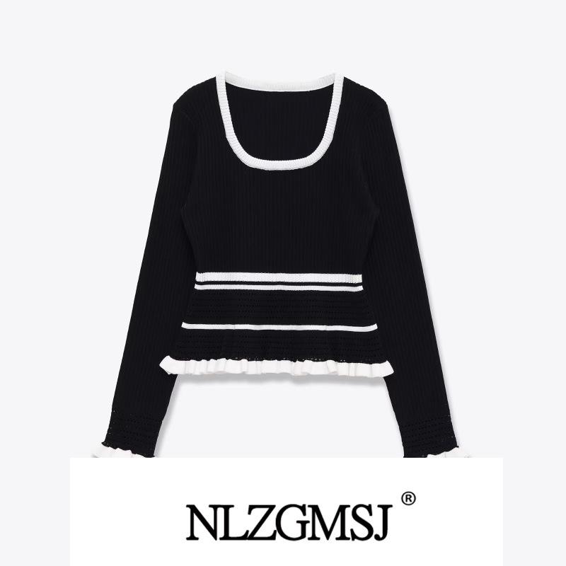 European & American Style Winter 2025 Fashion Patchwork Ribbed Knitwear Small