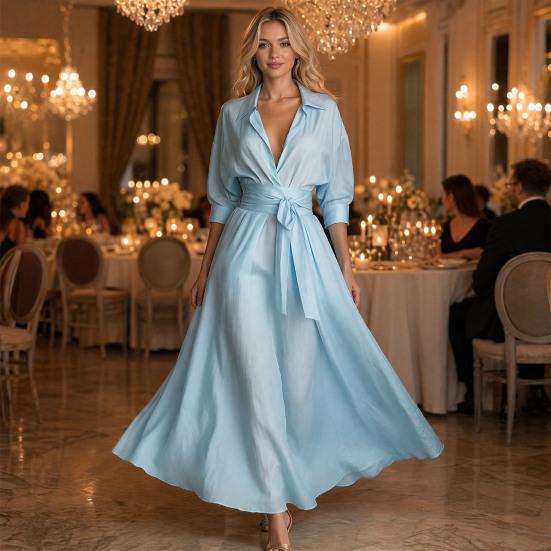 Damen Maxikleid Hemdkleid, Halbsärmel Revers V-Ausschnitt Langes Kleid, Lässiges A-Linie Lockeres Schwingkleid mit Taschen