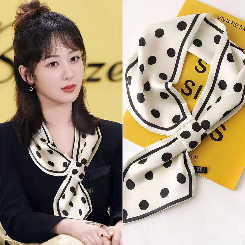 French polka dot silk scarf neck women's new high-end long strip matching shirt Korean thin small scarf