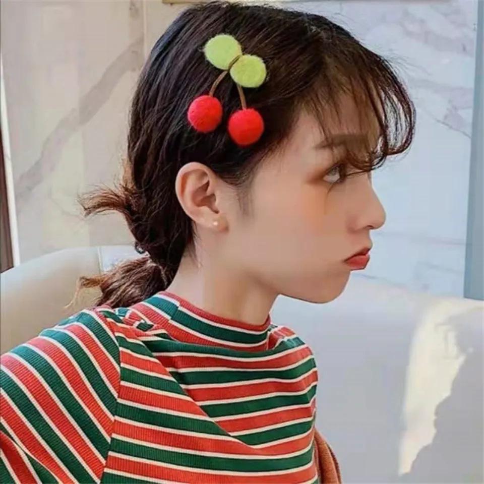 Pompon Cherry Bowknot Hair Clip for Girls - Cute Bayberry Ball Princess Bangs Accessory