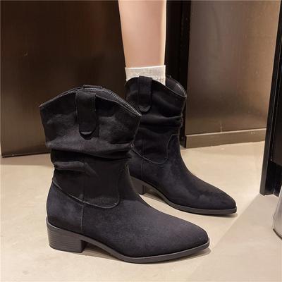 6056-5 French Retro Pointed Short Boots Women's 2025 New Stacking Boots Maillard with Skirt Western Cowboy Boots
